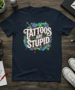 Tattoos Are Stupid text design with tattoo gun graphics on a navy t-shirt