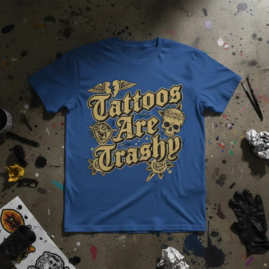 Tattoos Are Trashy quote with skull and winged design on blue t-shirt