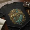 Black t-shirt featuring the name "Taylor" in ornate gold lettering with a detailed peacock graphic and decorative elements