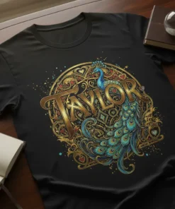 Black t-shirt featuring the name "Taylor" in ornate gold lettering with a detailed peacock graphic and decorative elements