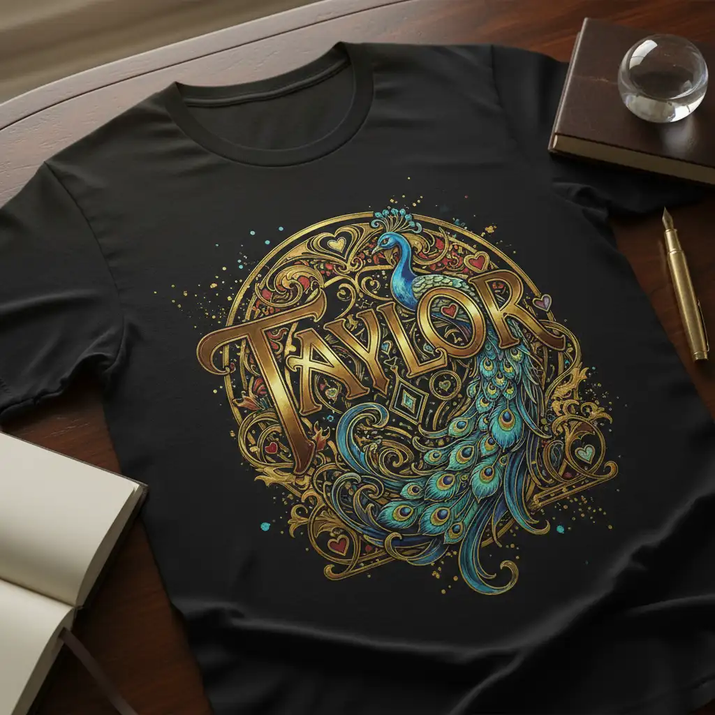 The name Taylor in gold script on a black tee, surrounded by a detailed peacock and ornate gold patterns