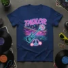 T-shirt with "TAYLOR" in neon pink, electric guitar, peace sign, and disco ball on a retro 80s grid background