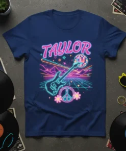 T-shirt with "TAYLOR" in neon pink, electric guitar, peace sign, and disco ball on a retro 80s grid background