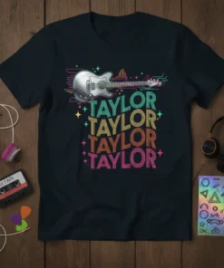 Retro t-shirt design featuring "Taylor Taylor Taylor Taylor" repeated in colorful stacked text with a dynamic electric guitar graphic above