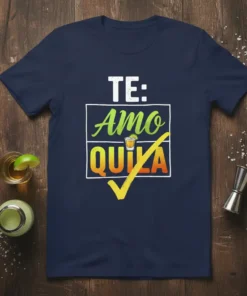 Navy t-shirt with "TE: Amo QUILA" text and a shot glass graphic, featuring a large yellow checkmark