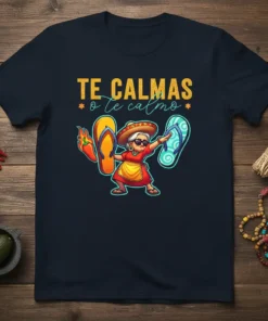 Te Calmas o Te Calmo t-shirt with a cartoon Mexican grandma character holding chili peppers and flip-flops