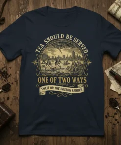 Tea Should Be Served One Of Two Ways Sweet Or The Boston Harbor quote on a vintage-style t-shirt design with