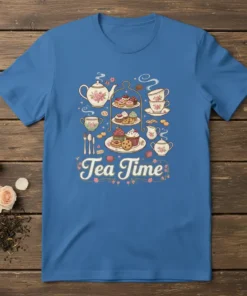 Tea Time T-Shirt featuring a charming illustration of a tiered stand with cupcakes, cookies, macarons, teapots, and teacups, surrounded by