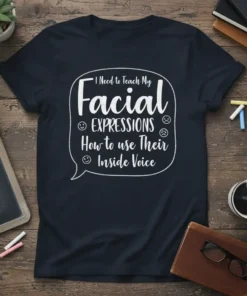 I Need to Teach My Facial EXPRESSIONS How to use Their Inside Voice quote on a navy t-shirt, featuring emojis