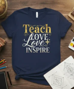 Navy t-shirt with gold and white text "Teach LOVE love INSPIRE" in a decorative font, designed for teachers