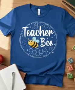 Teacher Bee t-shirt design with a cute cartoon bee and honeycomb pattern, white text on a blue shirt