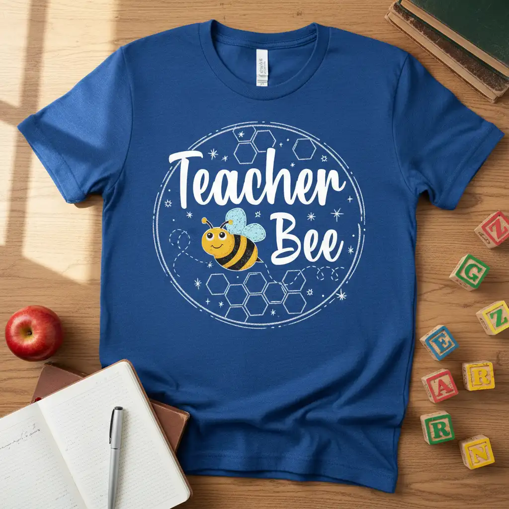 Teacher Bee quote with a cute cartoon bee and honeycomb graphic on a blue t-shirt