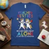 Teacher Besties Because Going Crazy Alone Is Just Not As Much Fun quote on a blue t-shirt with two dancing