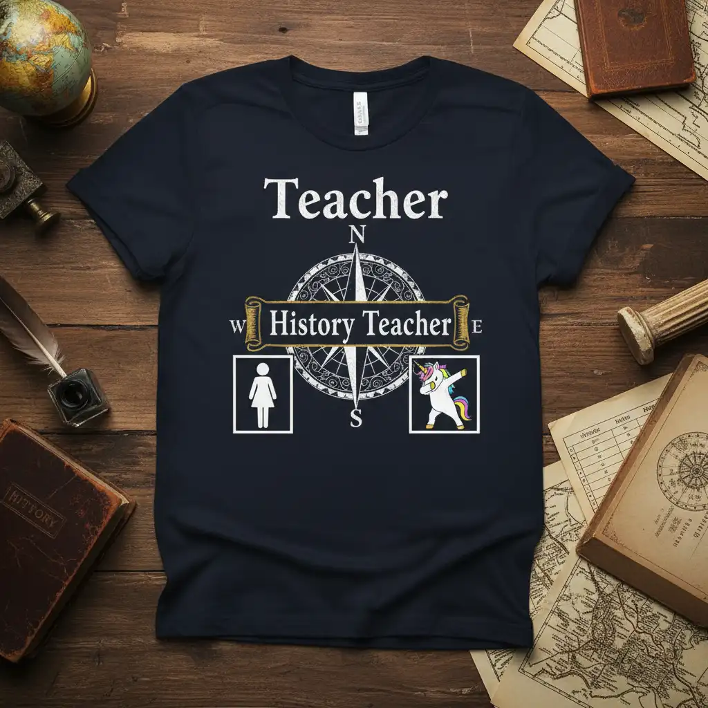Teacher History Teacher t-shirt design with compass and dabbing unicorn illustration