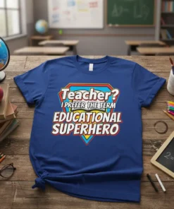Teacher? I Prefer The Term Educational Superhero quote on a blue t-shirt, designed in a superhero emblem style