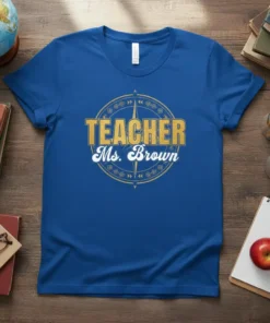 Teacher Ms. Brown t-shirt design with gold glitter text and compass graphic