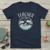 Teacher Off Duty t-shirt design featuring white text and a tropical beach scene with palm trees and lounge chairs