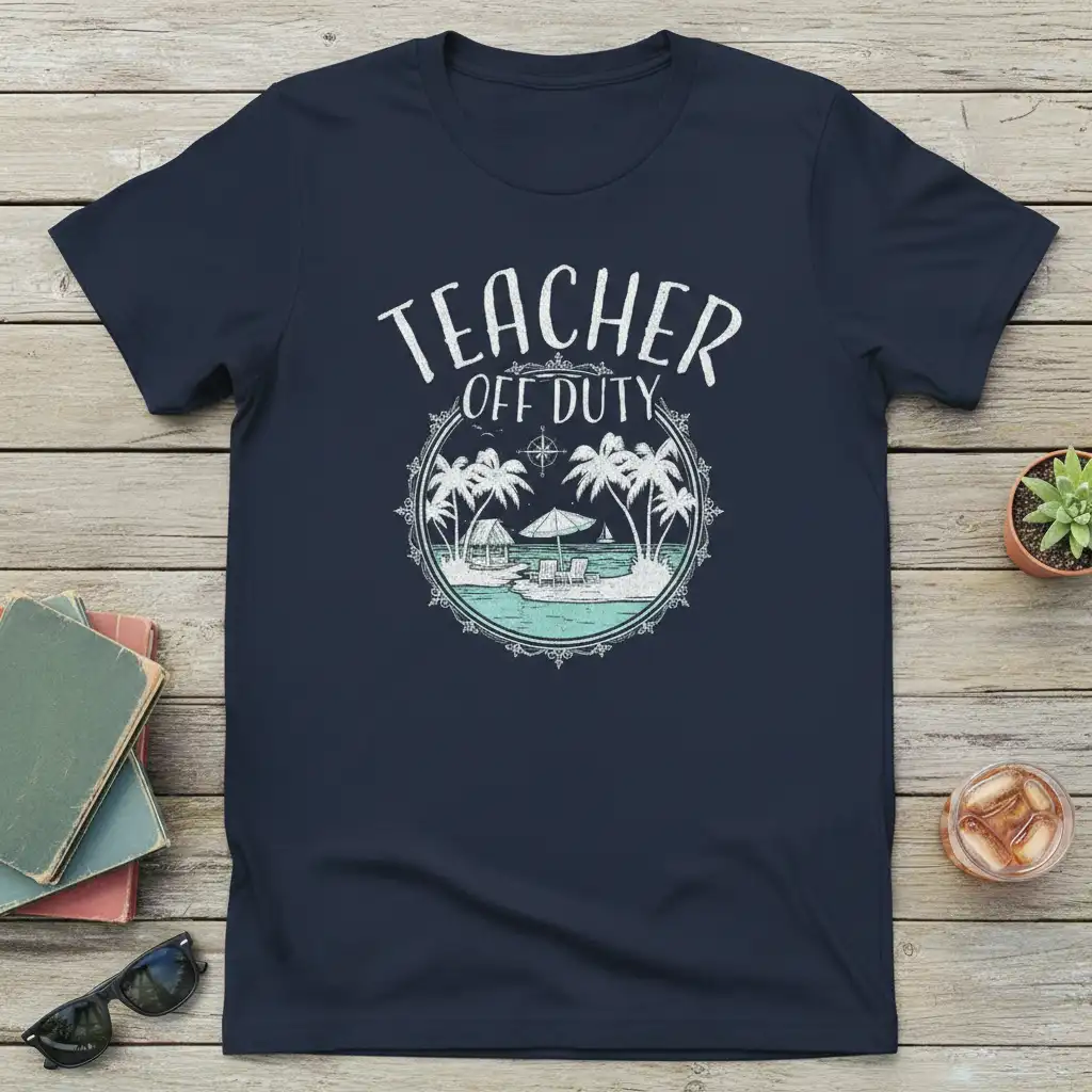 Teacher Off Duty text with tropical beach graphic, ideal for educator vacation apparel