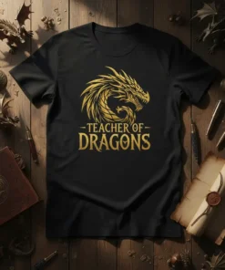 Black t-shirt with golden "Teacher of Dragons" text and a stylized dragon graphic