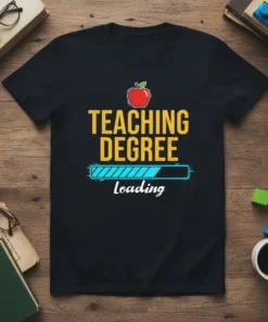 Teaching Degree Loading t-shirt with yellow text, loading bar graphic, and apple illustration