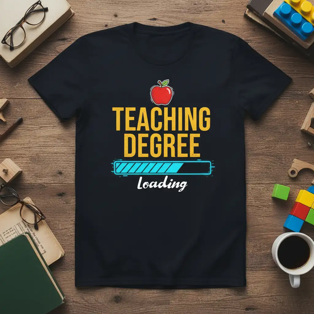 Teaching Degree Loading t-shirt featuring educational graphics and motivational text for educators