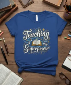 Teaching is my Superpower quote with open book graphic on a royal blue t-shirt