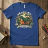 Teaching Is A Walk In The Park dinosaur t-shirt design featuring T-Rex and baby dinosaur, palm trees, and sunset
