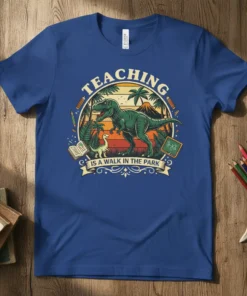 Teaching Is A Walk In The Park dinosaur t-shirt design featuring T-Rex and baby dinosaur, palm trees, and sunset