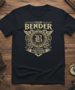 Team Bender Lifetime Member text with ornate crest and wings on a black t-shirt