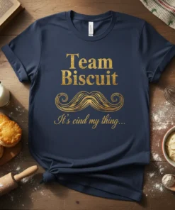 Team Biscuit It's cind my thing... quote on a navy t-shirt with gold glitter text and a mustache graphic