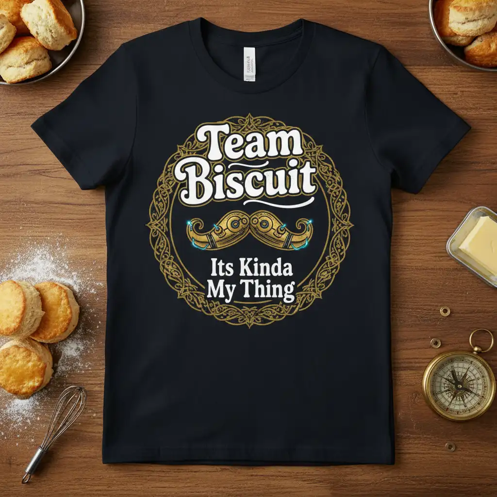 Team Biscuit Its Kinda My Thing quote and golden mustache graphic on a black t-shirt
