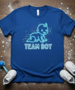 Team Boy text with a neon-style crawling baby graphic on a blue t-shirt for gender reveal announcements