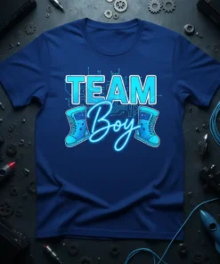TEAM Boy T-Shirt design with blue boots and circuit board pattern, gender reveal theme
