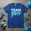 Team Boy t-shirt with blue footprints and heart graphic, perfect for gender reveal parties