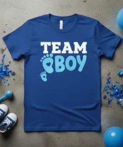Team Boy t-shirt with blue footprints and heart graphic, perfect for gender reveal parties
