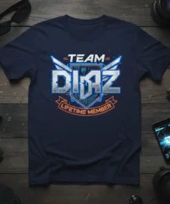 Team Diaz Lifetime Member text and emblem graphic on a navy blue t-shirt