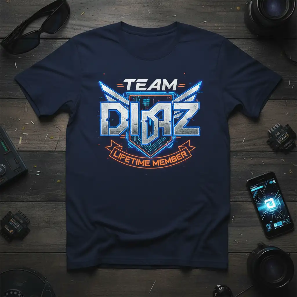 Team Diaz Lifetime Member graphic with futuristic font and shield emblem on a t-shirt