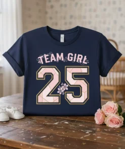 Navy t-shirt with "Team Girl 25" text and pink floral accents, perfect for gender reveal parties