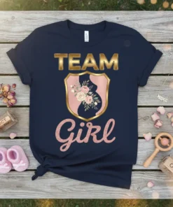 Team Girl gender reveal t-shirt with floral baby bump shield and glitter text