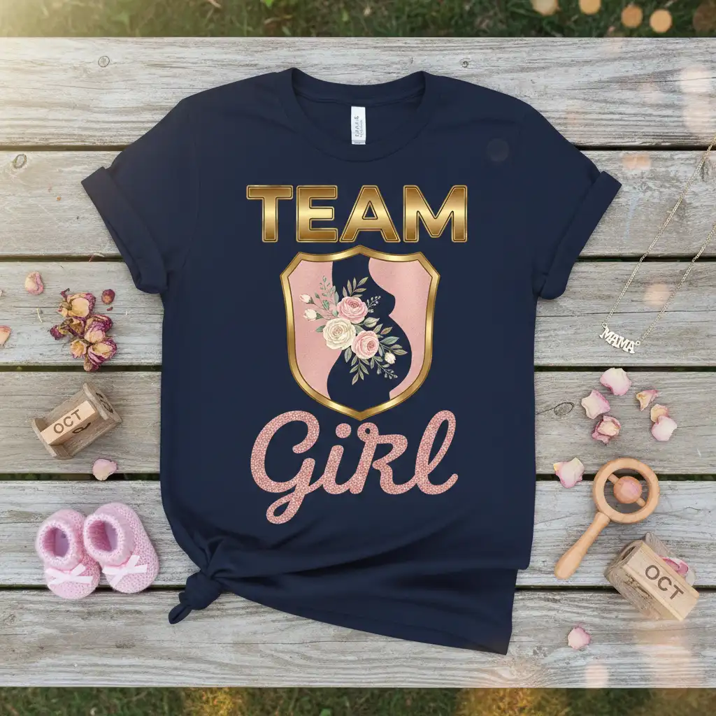 Team Girl maternity announcement t-shirt with floral baby bump shield and glitter girl text