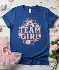 Team Girl text with ballet shoes and floral border on a royal blue t-shirt