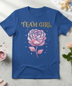 Blue t-shirt with gold "Team Girl" text and a pink geometric rose graphic, perfect for gender reveal parties