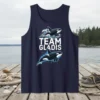 Team Gladis text with two orca whales and ocean waves graphic on a navy tank top