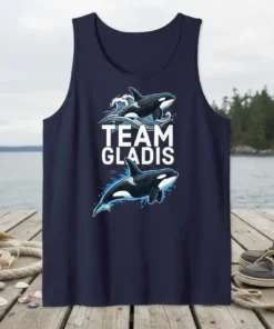 Team Gladis text with two orca whales and ocean waves graphic on a navy tank top