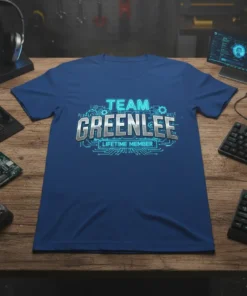 Team Greenlee Lifetime Member text design with futuristic circuit board accents on a blue t-shirt
