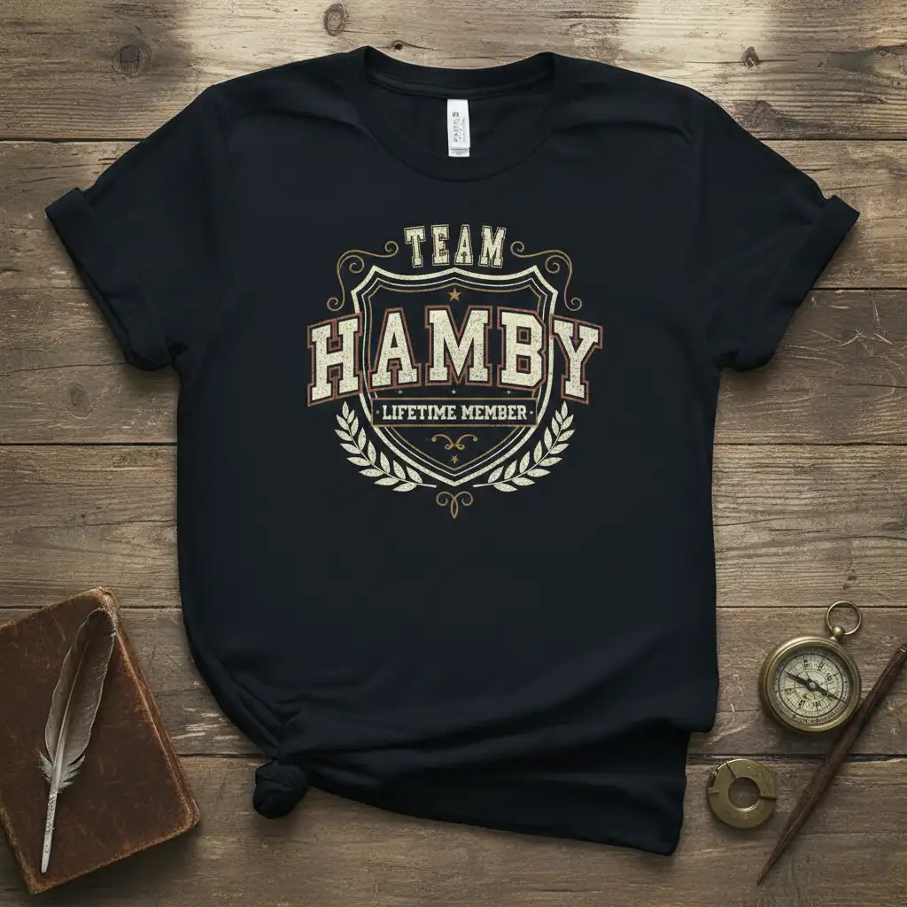 Team Hamby Lifetime Member design featuring vintage shield and laurel wreath on black t-shirt