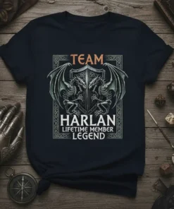 Team Harlan Lifetime Member Legend T-Shirt featuring dragon crest and custom name text