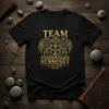 Black t-shirt with gold text "TEAM HENNESSY LIFETIME MEMBER LEGEND" and dragon graphic