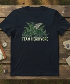 Team Herbivore t-shirt design featuring two dinosaurs, a Brachiosaurus and a Triceratops, surrounded by ferns and foliage