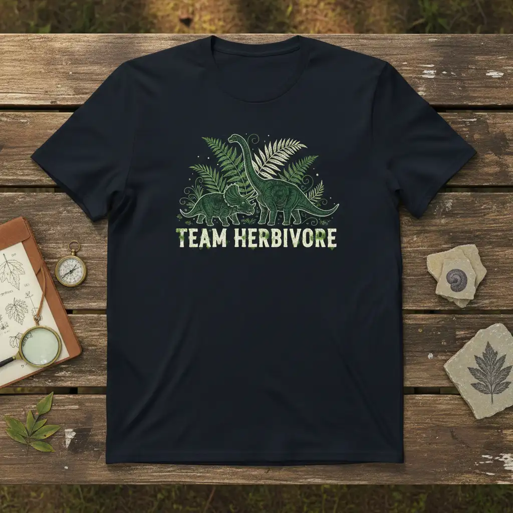 Team Herbivore t-shirt featuring a Brachiosaurus and Triceratops surrounded by lush green ferns and foliage